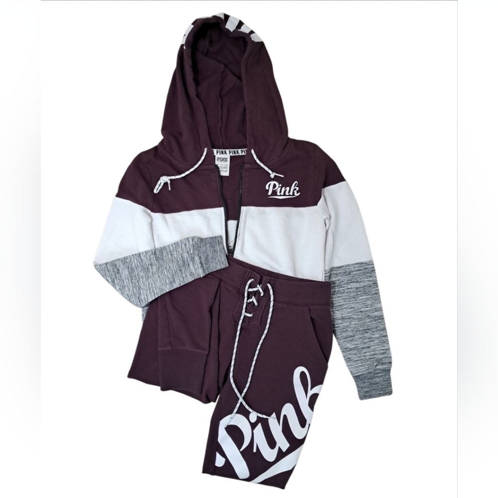 Victoria's Secret PINK Logo Colorblock Full Zip Hoodie and Joggers Set Size XS